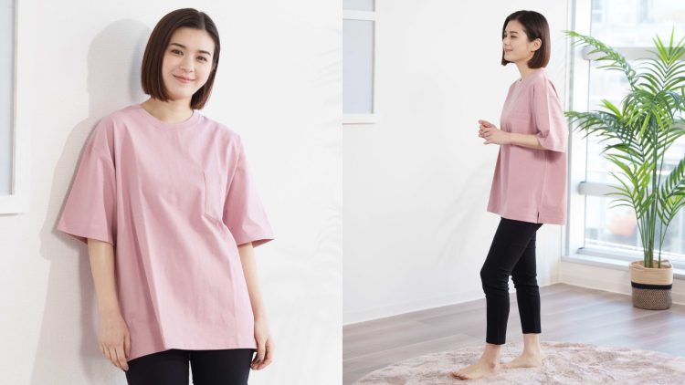 綿100% BIG Tシャツのピンクを着ている女性