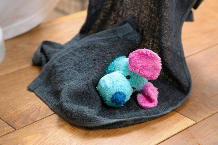 ぬいぐるみを乾いたタオルで包む