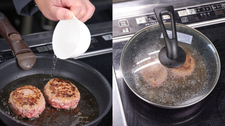 焼き色が付いたらハンバーグを裏返し、水大さじ4を加えてふたをする