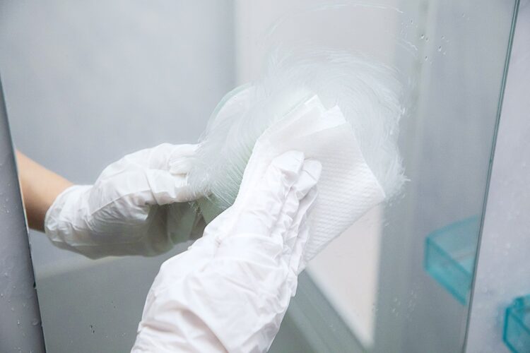 ウロコ汚れ専用洗剤でこすり洗いする