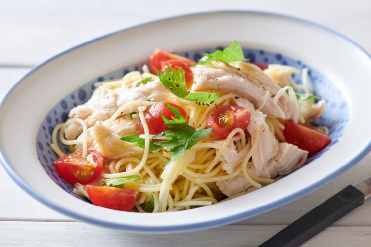 レンジ鶏の和風レモン冷製パスタ