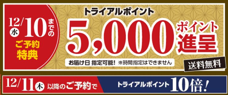 12/10までのご予約特典トライアルポイント5000ポイント進呈12/11以降のご予約でトライアルポイント10倍!