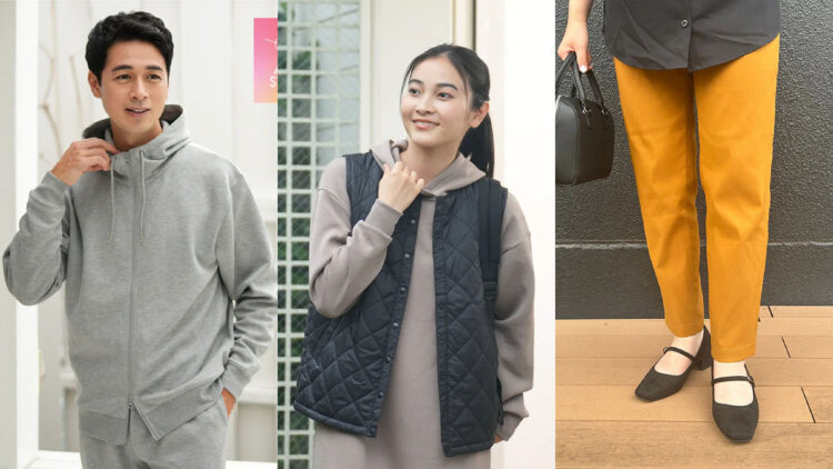 エアリーストレッチスウェットジップパーカー、ライトパフノーカラーベスト、ノビルノストレッチパンツ