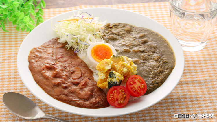 〈おいしくなれ！〉豊かなコクの 欧風 チーズカレー 180g本体価格298円（税込321円）
×
〈みなさまのお墨付き / 支持率98.1％〉ほうれん草と生クリームのサグダールカレー 180g 本体価格188円（税込203円）