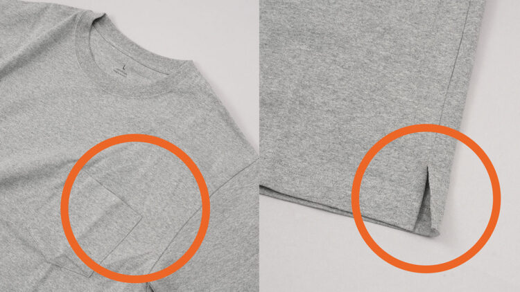 胸元はポケット付き、裾の下部には小さなスリットを入れ、動きやすさにも配慮