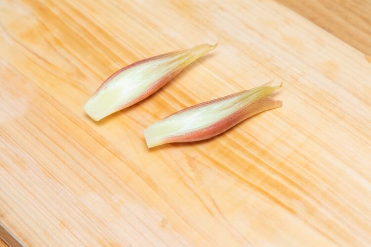 ミョウガを縦半分に切る