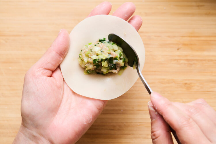 1.餃子の皮の真ん中に横長の楕円になるよう具材を置く