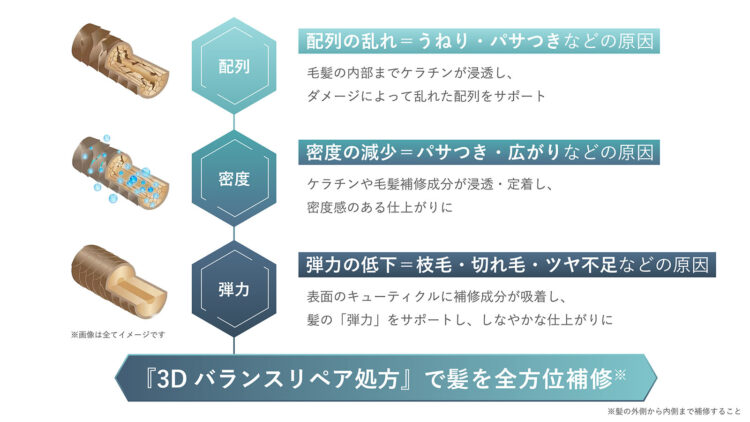 うるっと弾むツヤ髪の秘密は「3D バランスリペア処方」